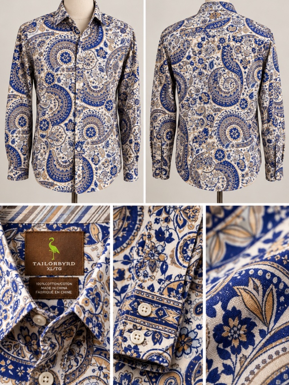 TailorByrd Men’s XL Paisley Button Up Shirt 100% Cotton Blue Long Sleeve